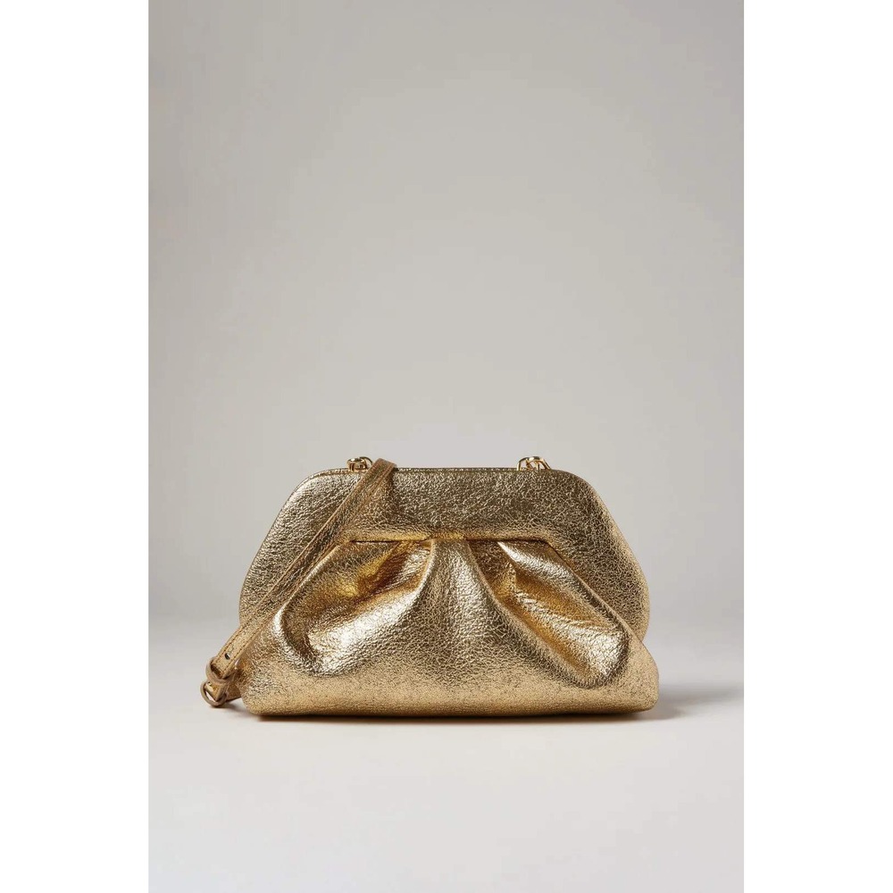 THEMOIRè Gold Metallic Leather Pleated Clutch Crossbody Bag
